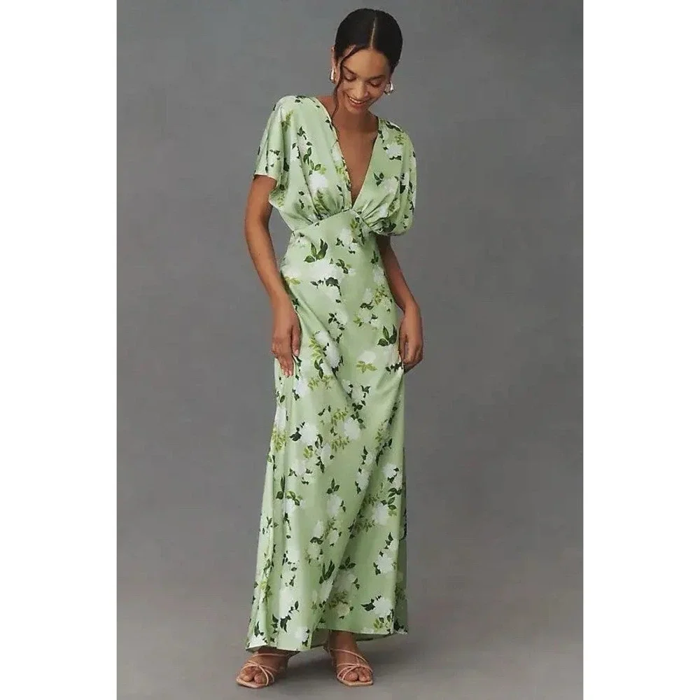 Anthropologie BHLDN Leila Deep-V Gown NWT Maxi Wedding Bridesmaid Spring Sz 8 - Picture 1 of 7